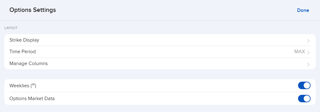 The option chain settings in Portal. 